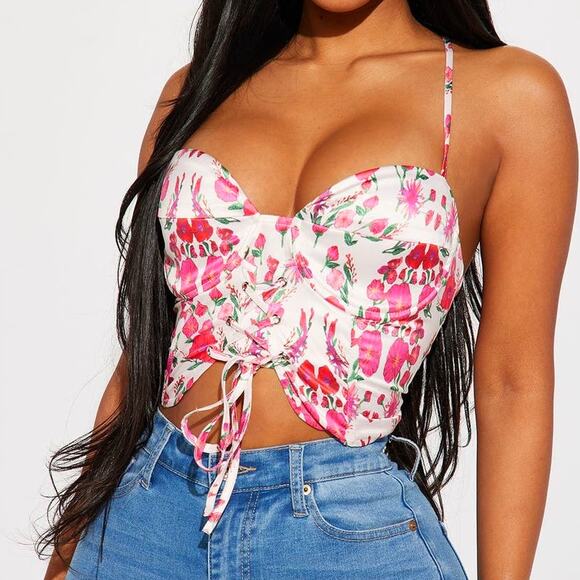 New XL Fashion Nova Pink White Floral Silky Corset Lace Up Bustier Top Crop Tank - Picture 2 of 5